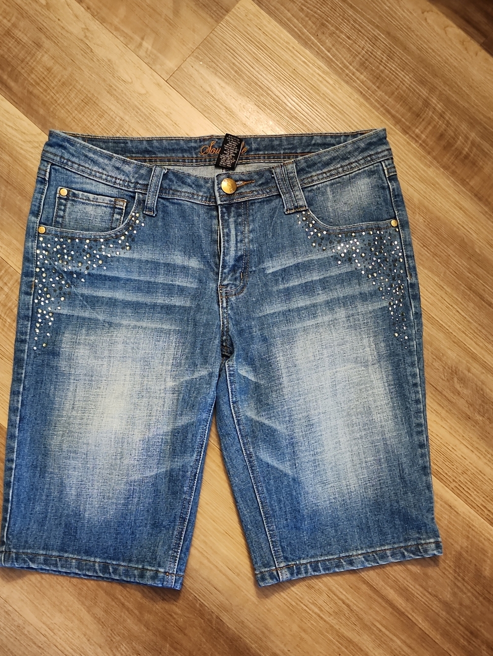 Southpole Y2K Rhinestone Studded Denim Bermuda Shorts